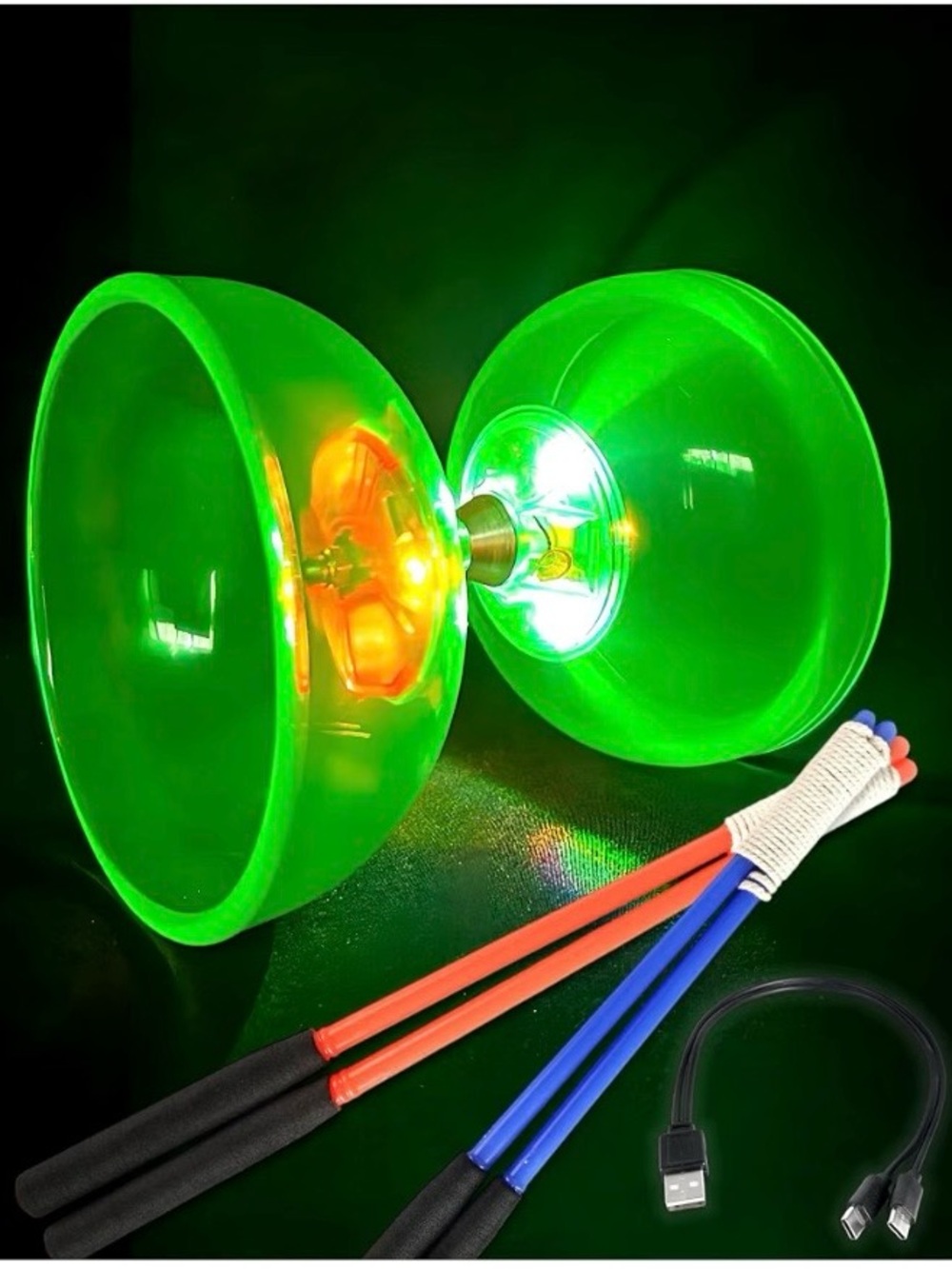 LED Green Diabolo Juggling Toy with Glow Sticks and USB Charger